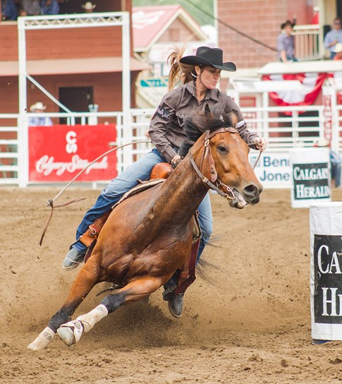 Woman racing around barrel on horse during Calgary Stampede, Canada