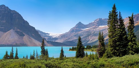 Wide angle view of Lake Louise with trees, Canada