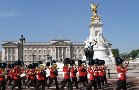 Guards marching at Buckingham Palace, London, England