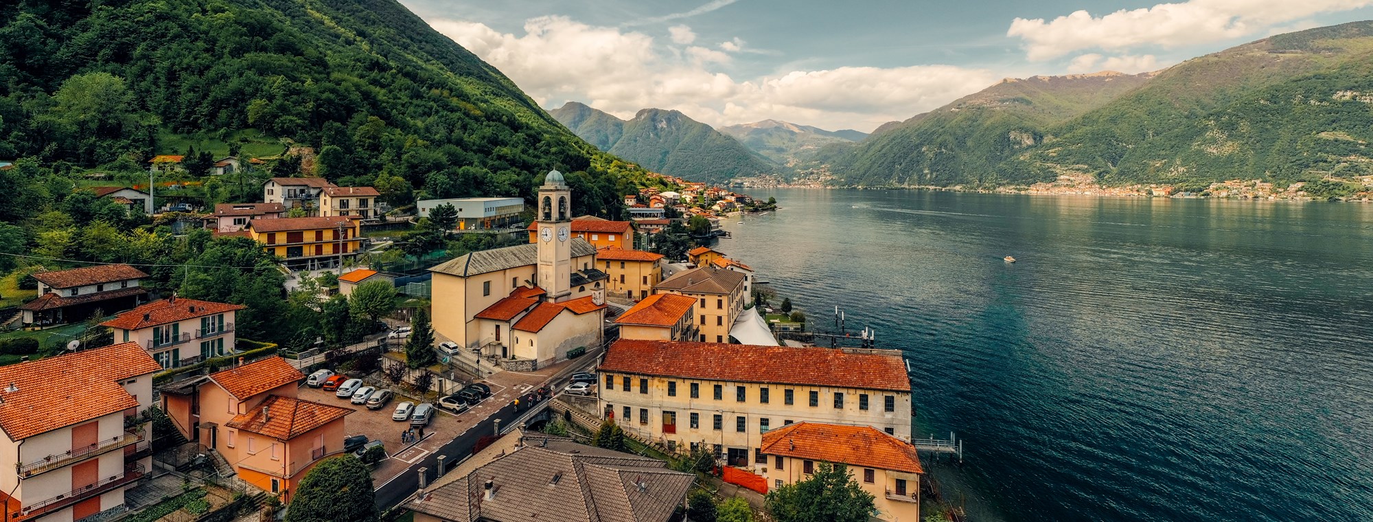 Italy Lake District Como Mountains Buildings Water Landscape Colorful Houses Red Roofs Birds Eye View Shore Church