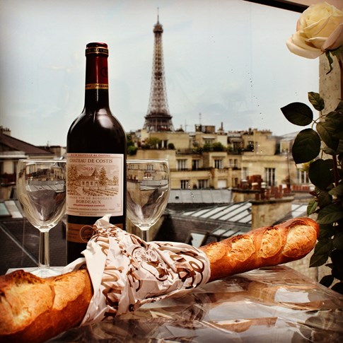 France Paris Wine Baguette Glasses Eiffel Tower Window Table Expert Food Drink