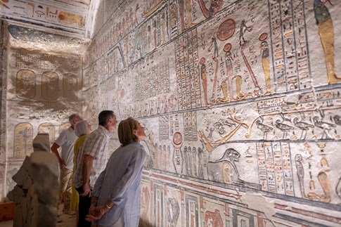 Egypt Valley Of The Kings Tourists Inspecting Hieroglyphics