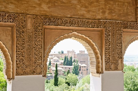 View through an arch of the Alhambra, Grenada, Spain
