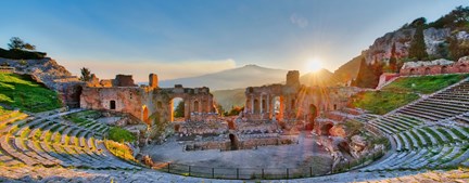 See Mount Etna from The Greek Theatre of Taormina in Sicily on a tour of Italy