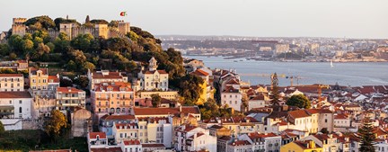 Portugal Lisbon Cityscape With St George Castle Castelo De Sao Jorge At Sunset,