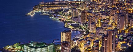 Monaco France Monte Carlo Night Time Aerial Blue Water Lights Harbor