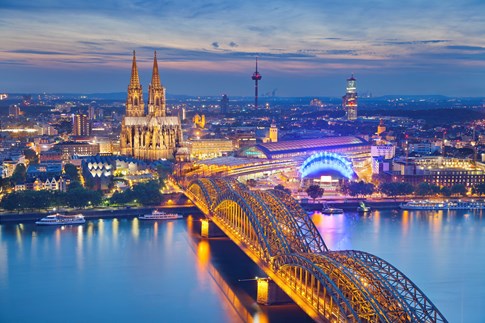 Cologne and the Rhine River at dusk, Germany