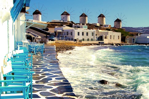 Windmills and seafront of Mykonos Island, Greece