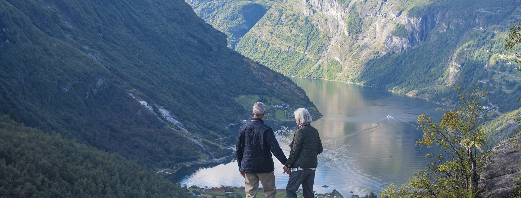 Scandinavia River Mountains Tourist Couple Holding Hands