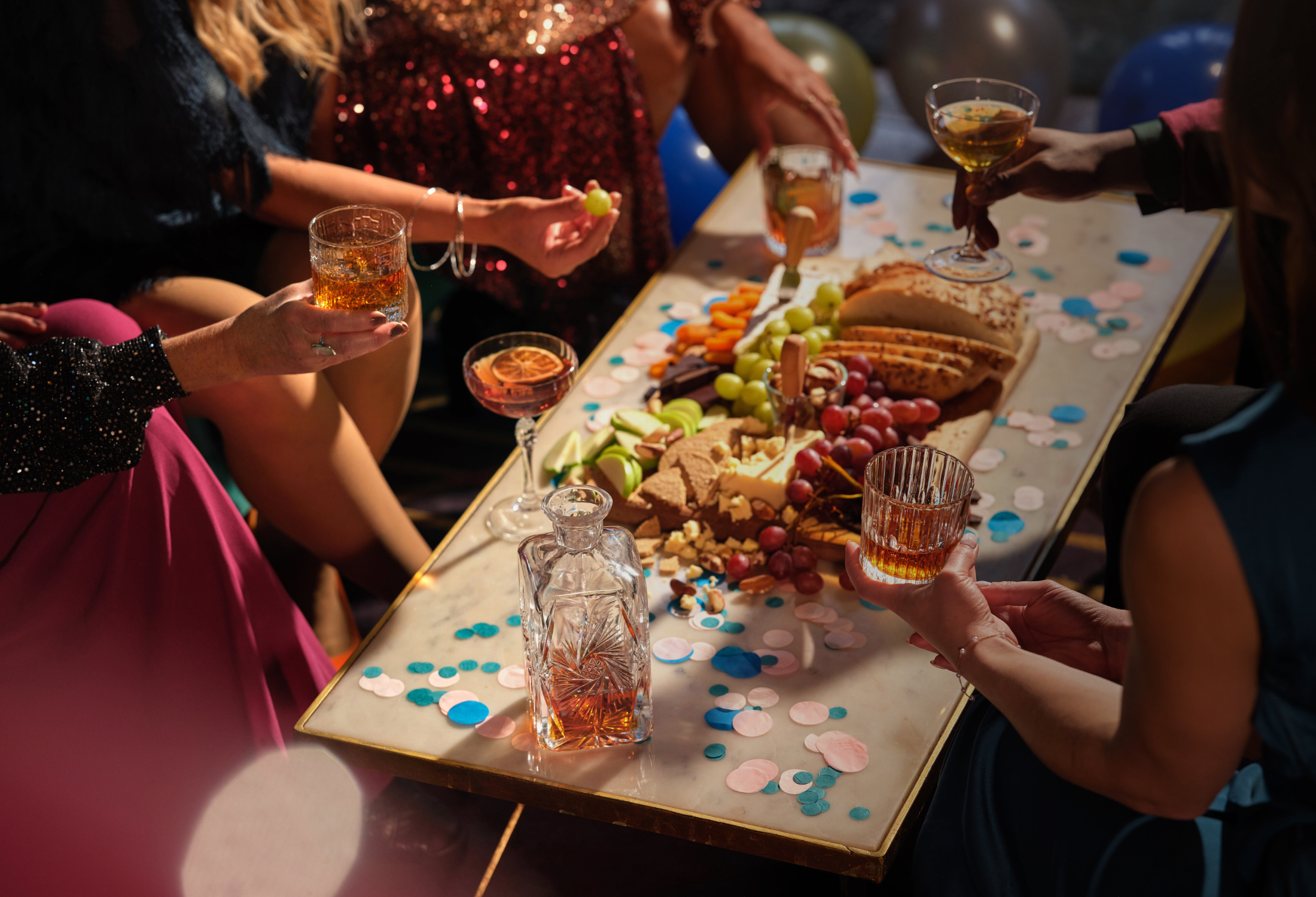 New Year’s tradition in Spain: people eating 12 grapes at midnight with grapes on the table.