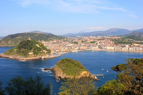 Aerial view of San Sebastian from across the bay, Spain