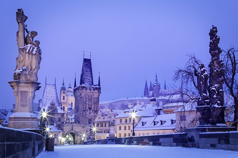 Charles Bridge in winter snow, Prague, Czech Republic
