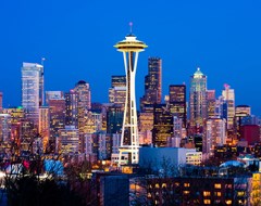 Seattle skyline at night featuring the Space Needle, Washington