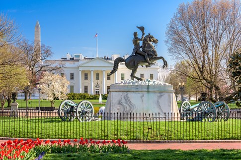 White House with Andrew Jackson statue in front, Washington, D.C.