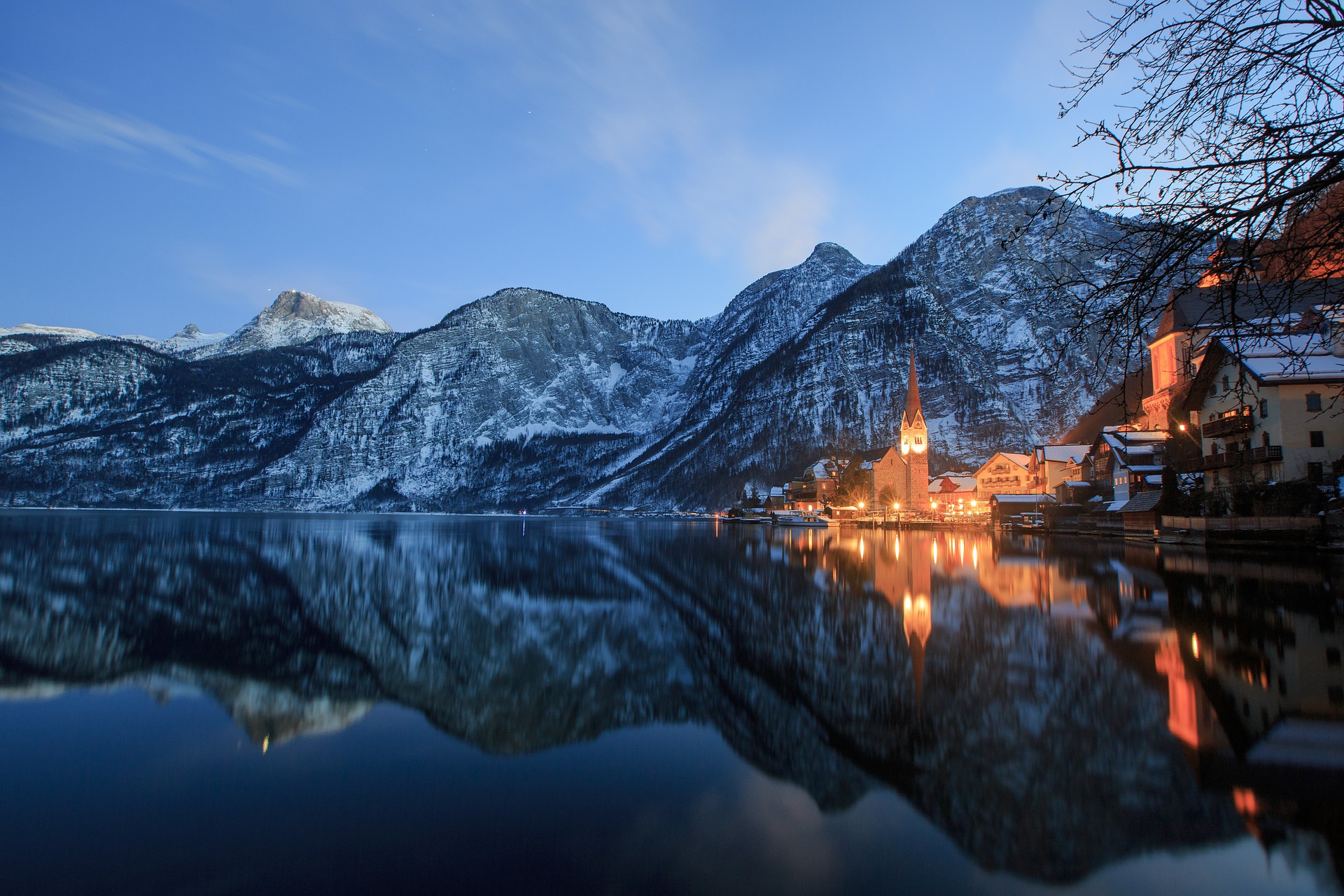 Austria Hallstatt Winter Lake Mountains Alps Salzkammergut Lights