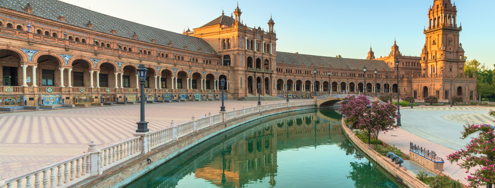 Spain Seville Plaza De Espana River Bridge Sunset