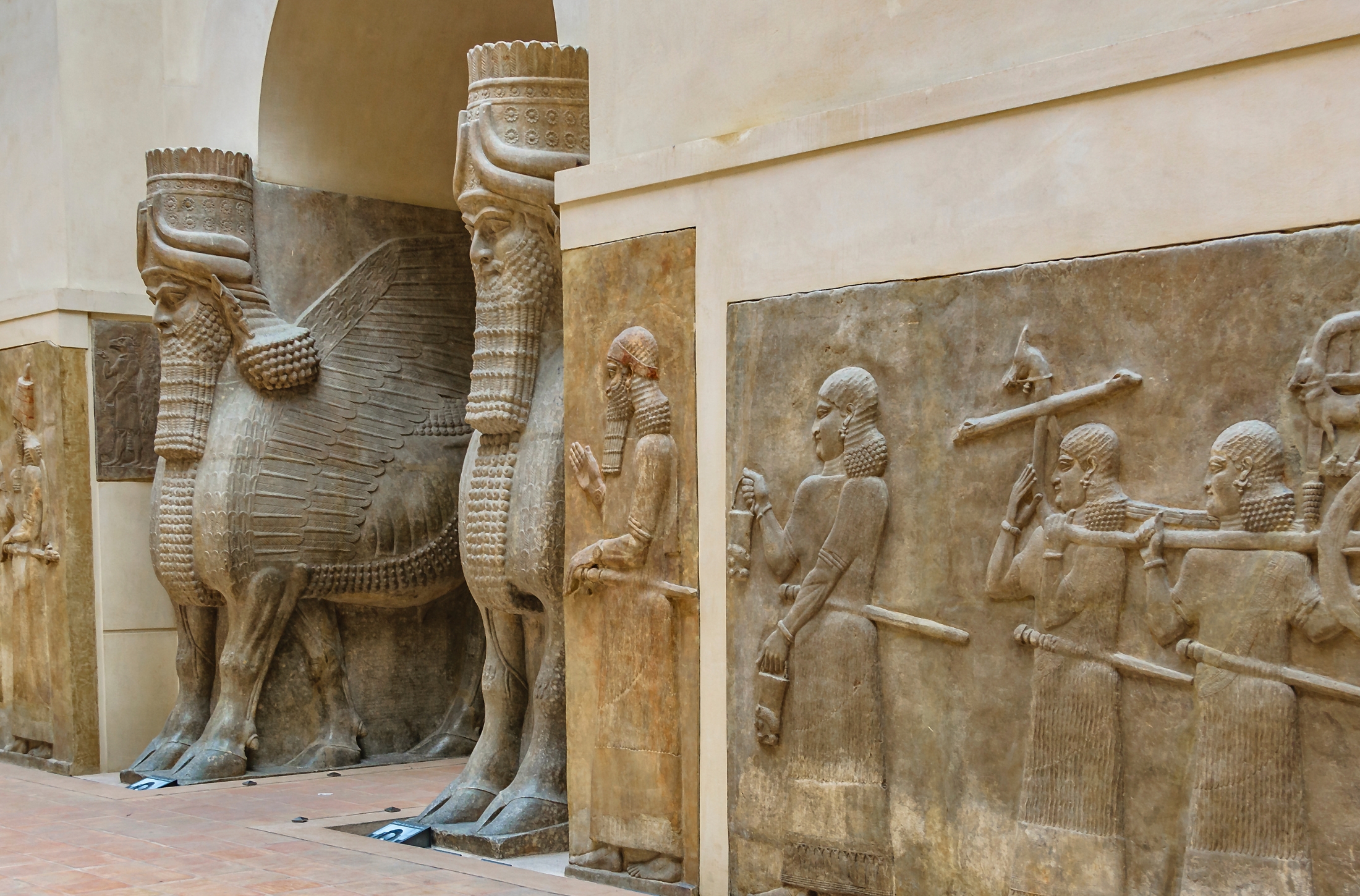 In Paris, France, at the Louvre Museum one of the top exhibits to see is the Human Headed Winged Bulls, or Lamassu, from Khorsabad