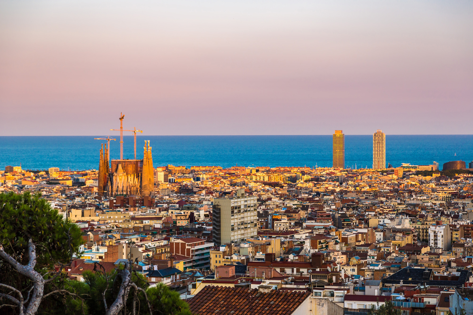 Spain Barcelona Cityscape With Pink Sky
