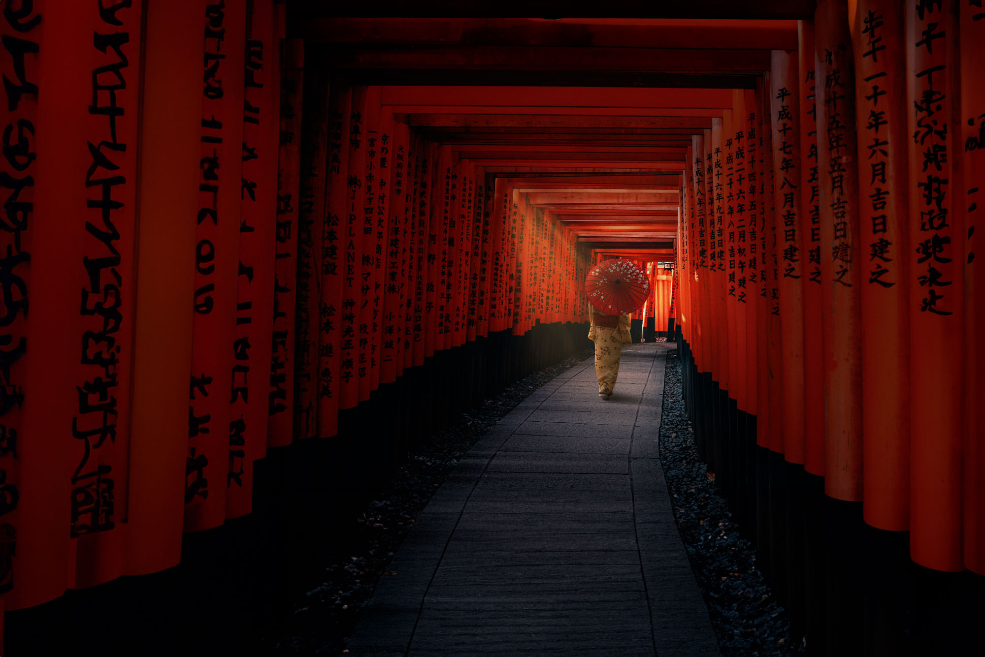 Japan Kyoto Senbon Torii Red Gates Woman With Umbrella Walking