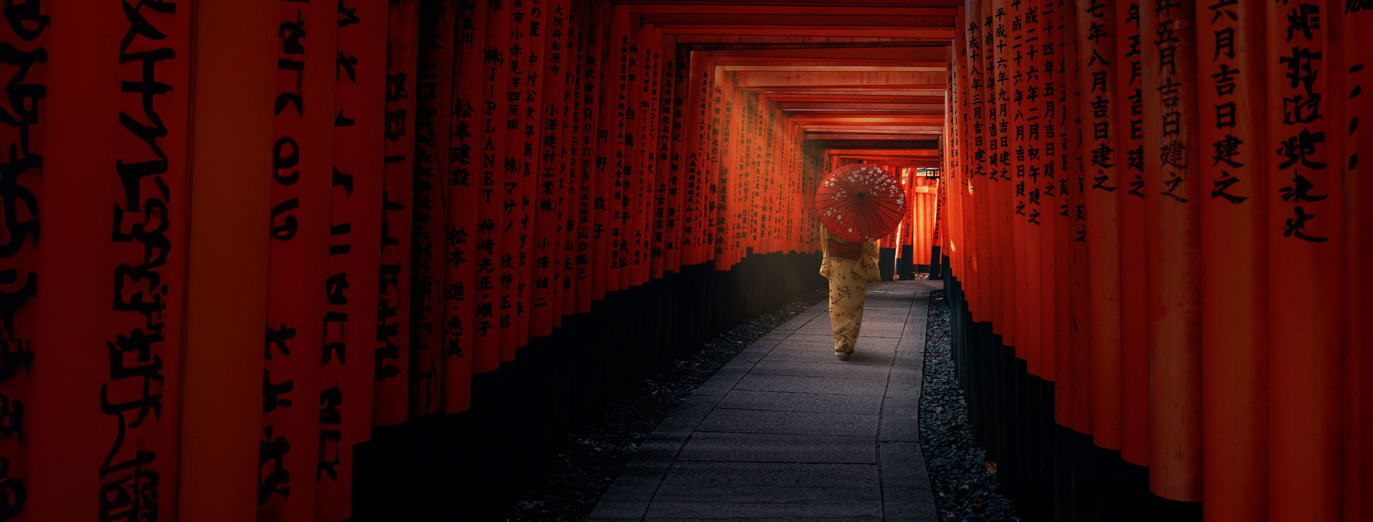 Japan Kyoto Senbon Torii Red Gates Woman With Umbrella Walking
