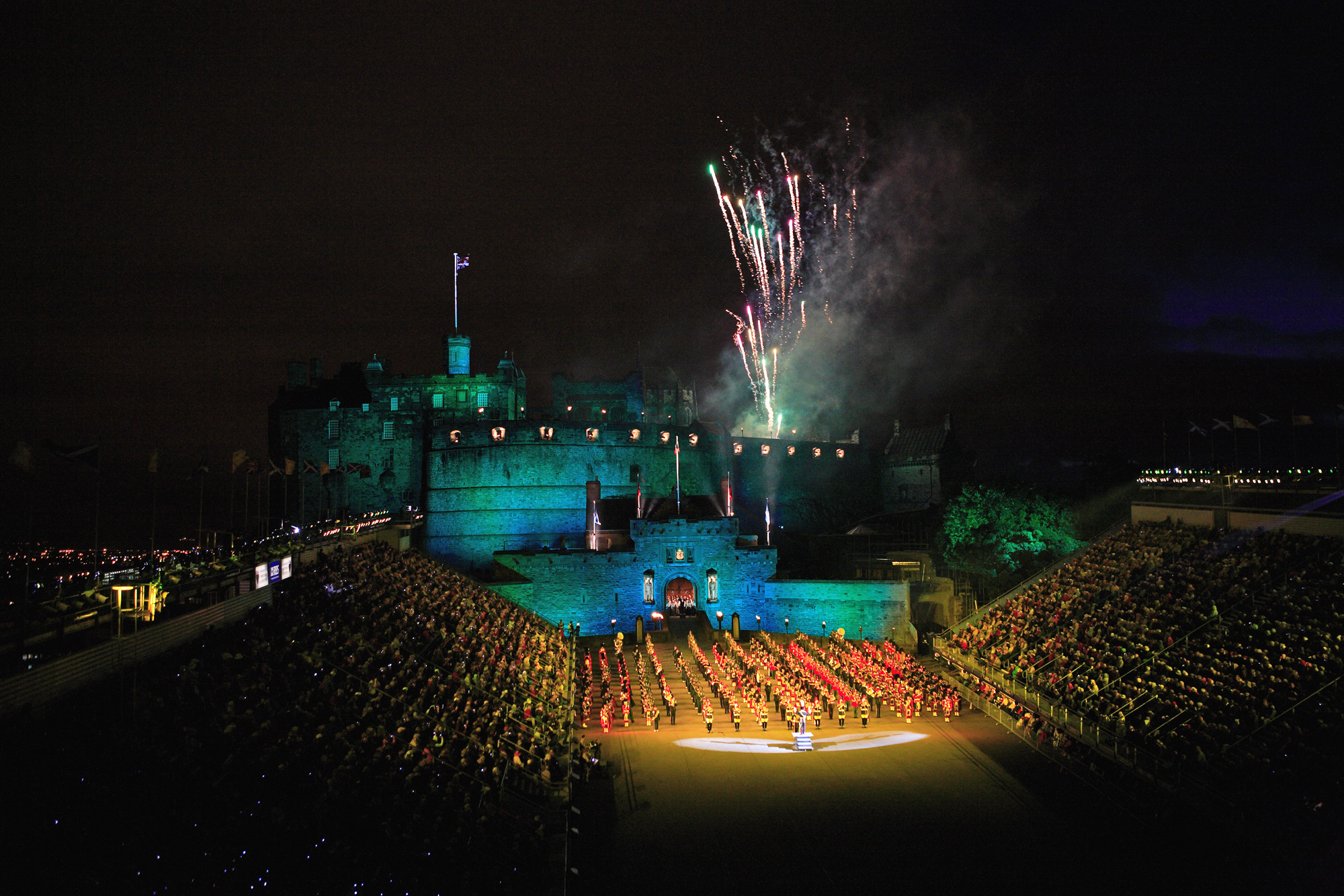 Scotland Edinburgh Military Tattoo At Night With Fireworks