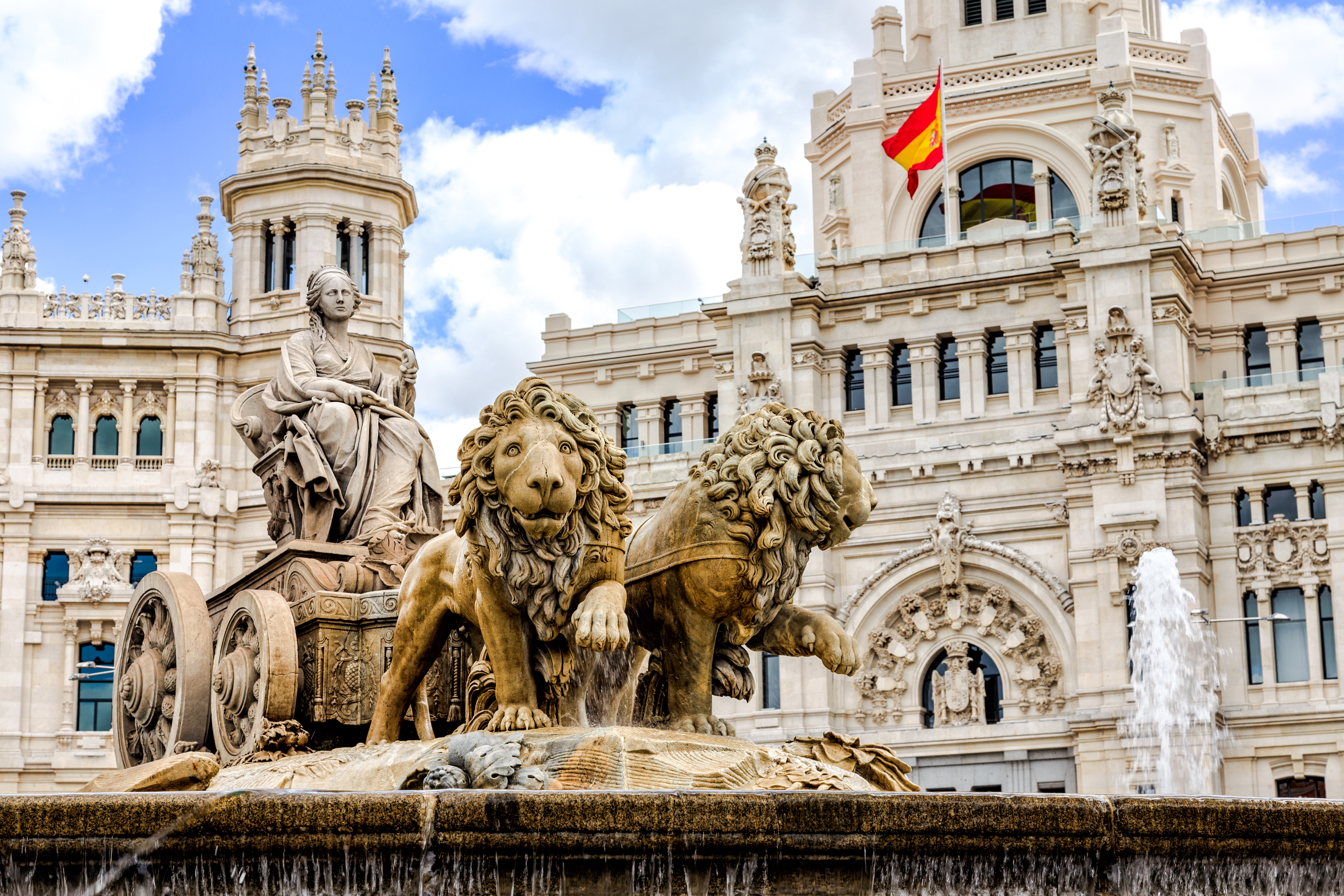 Spain Madrid Plaza De Cibeles Fountain Of Cybele Flag Lion Chariot Bank Headquarters Army Spanish