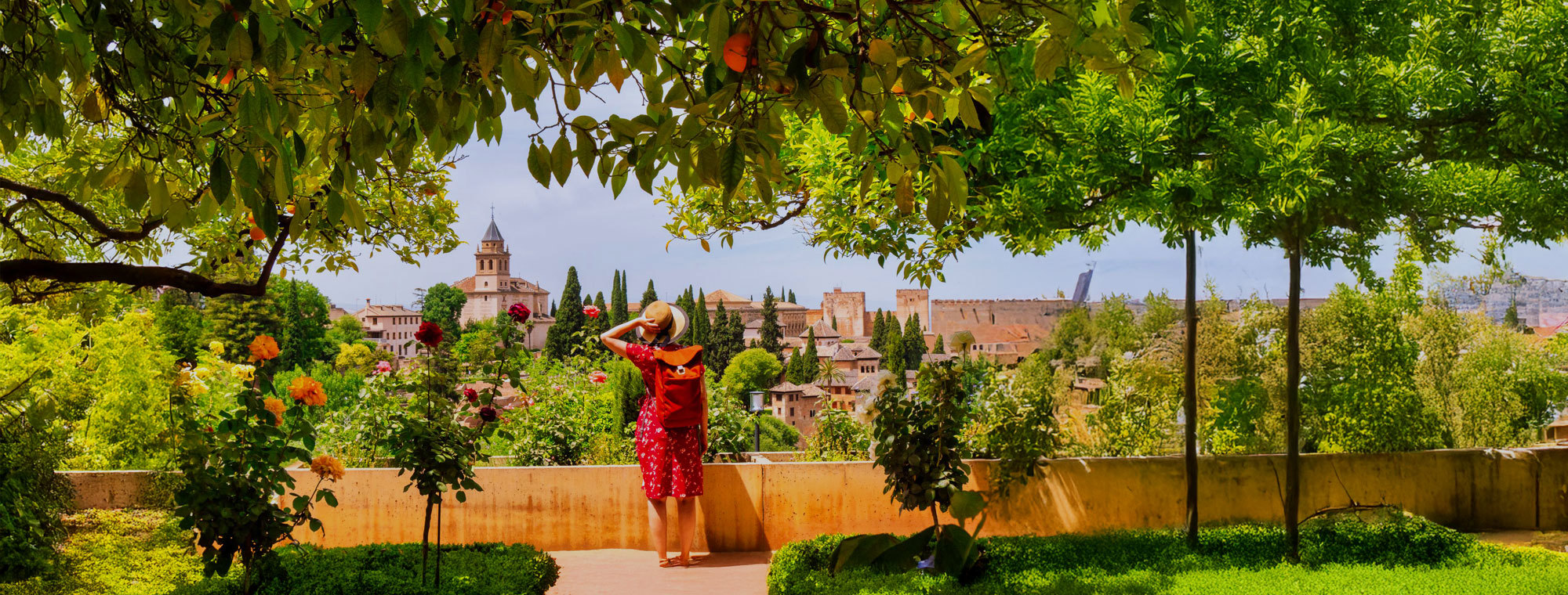Spain Woman At The Alhambra Orange Tree Flowers Shade Hero