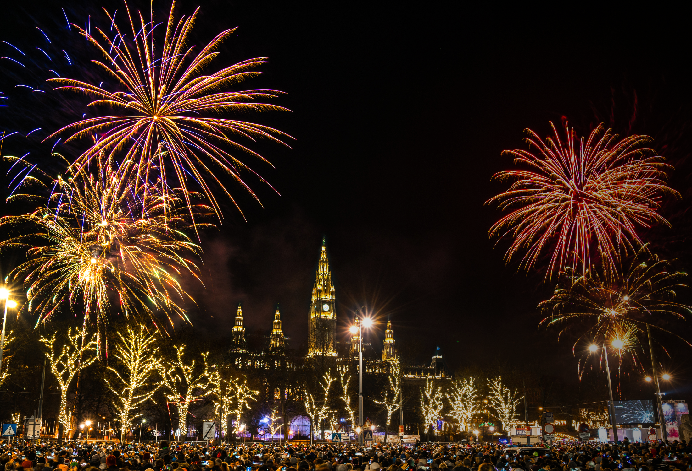 Fireworks over Vienna City Hall at New Year’s Eve on Rathausplatz, part of Vienna’s citywide celebration.