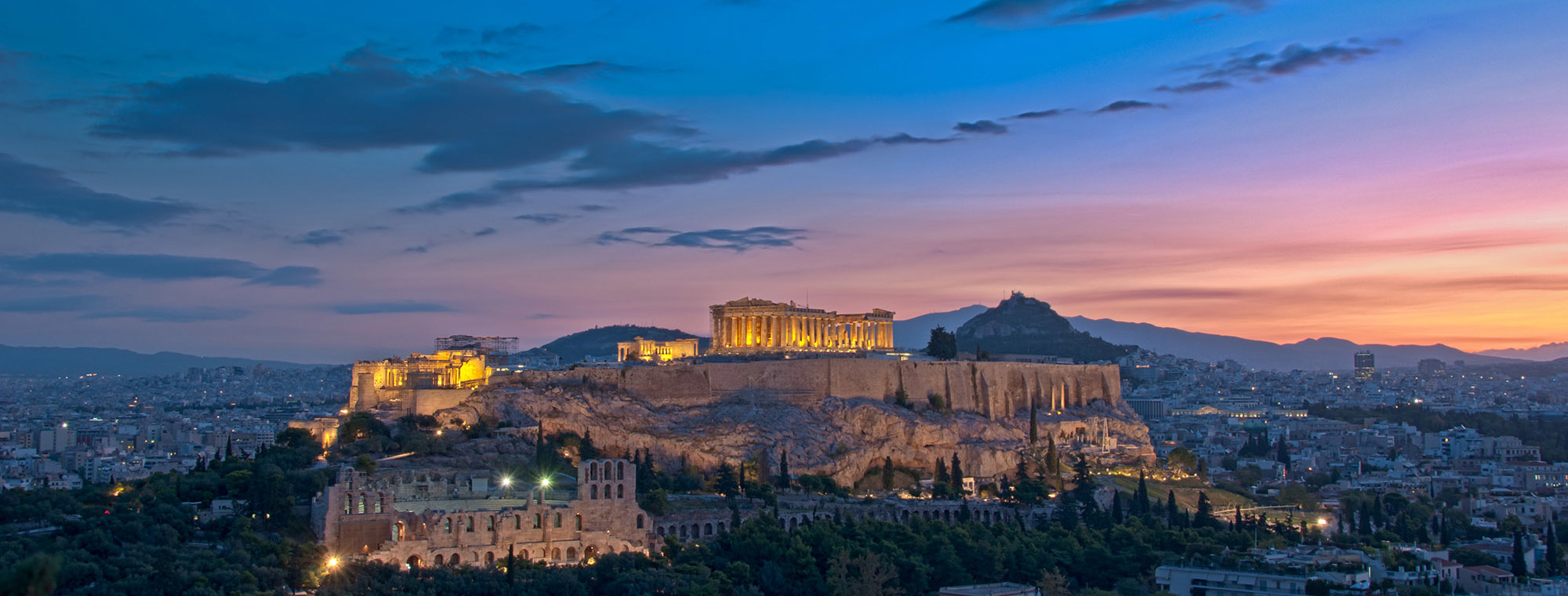 Greece Athens Acropolis Dawn Blue Sky