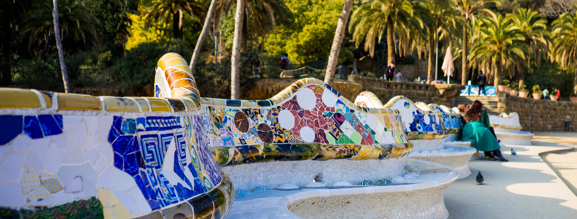 Spain Barcelona Guell Park Gaudi Mosaic Colorful Benches Sitting Expert