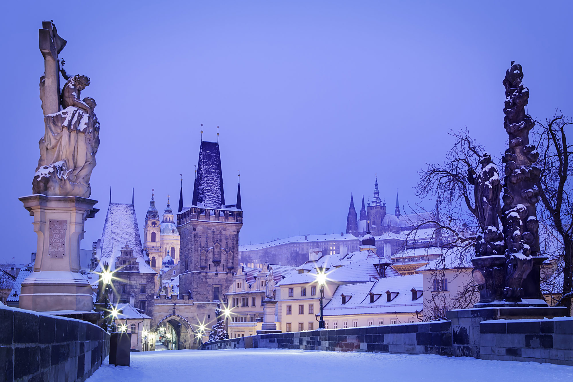 Czech Republic Prague Charles Bridge With Snow Winter