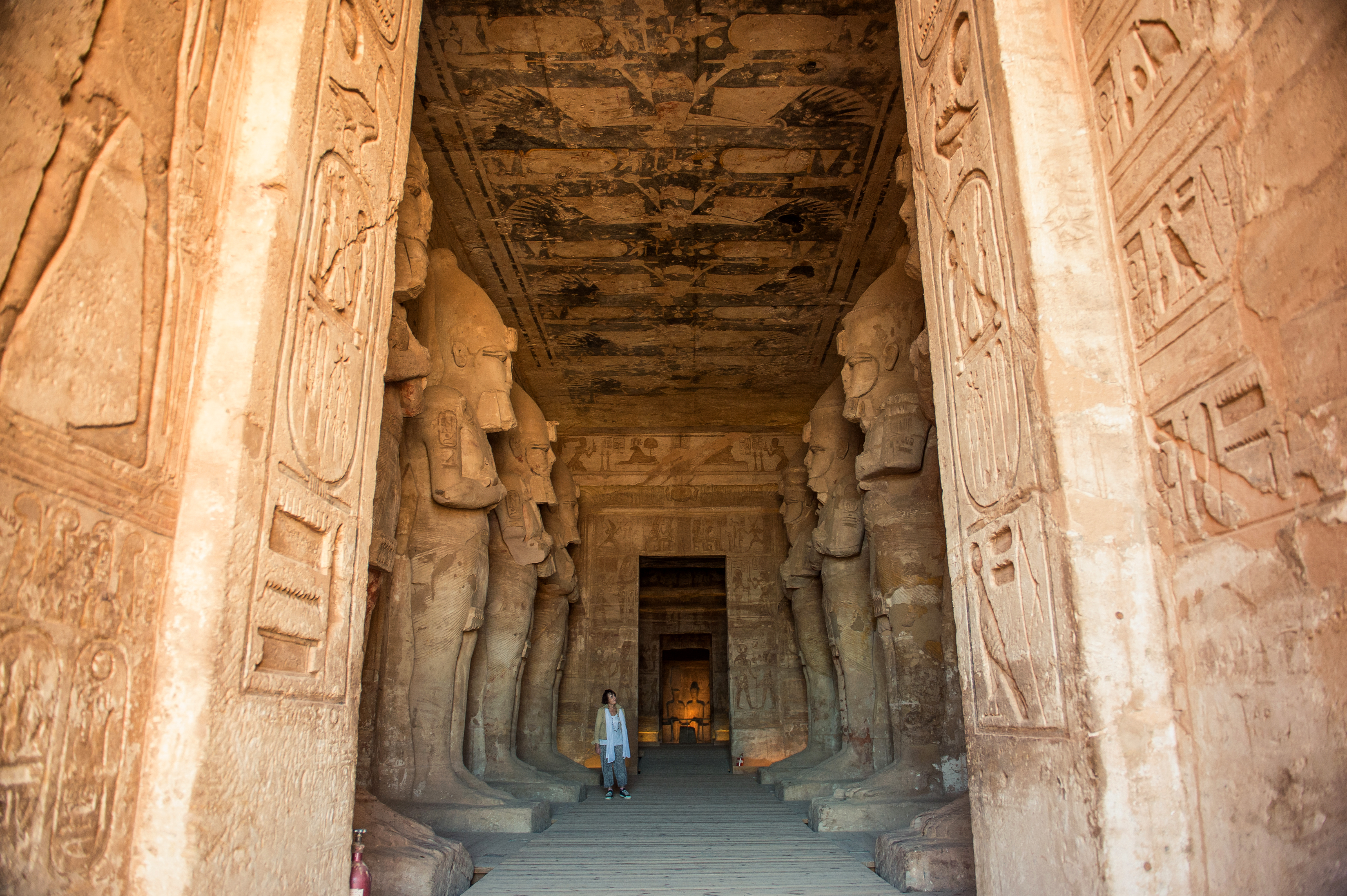 Egypt Abu Simble Temple Hieroglyps Statues Columns Entry Way Hall Person