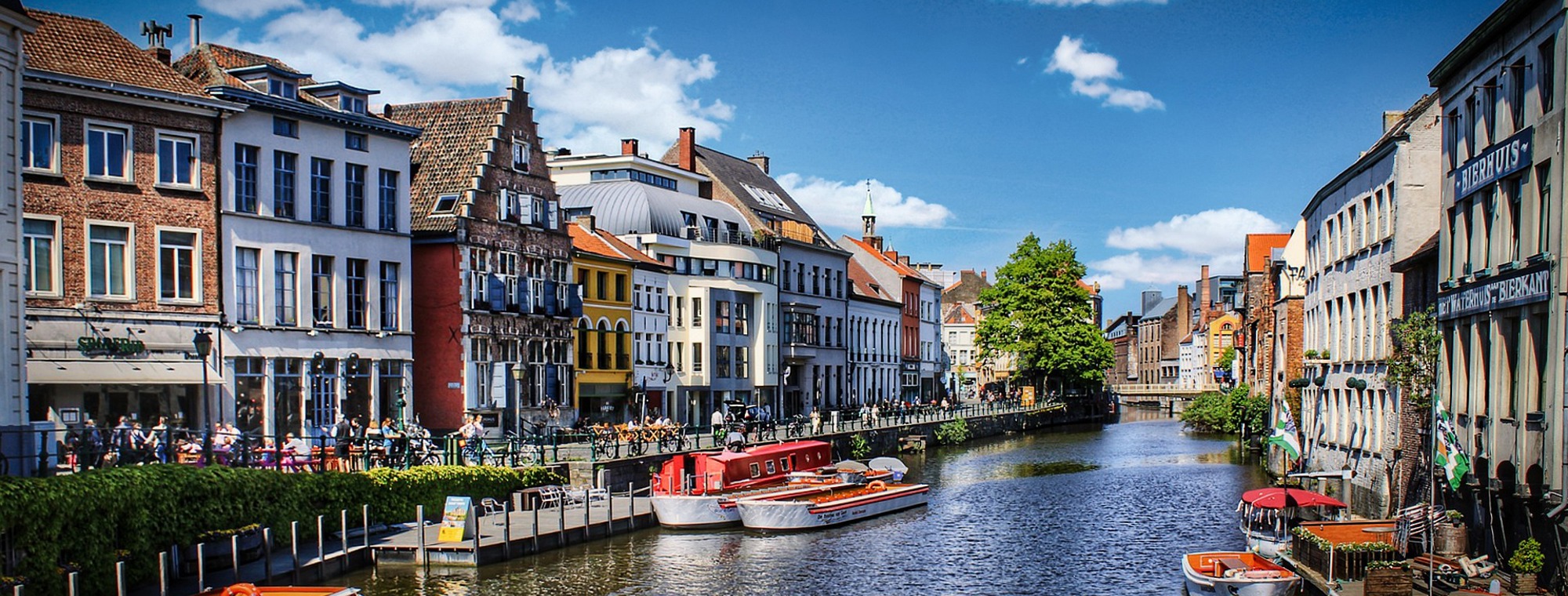 Belgium Ghen Canal Europe Buildings Boats Sunny Day