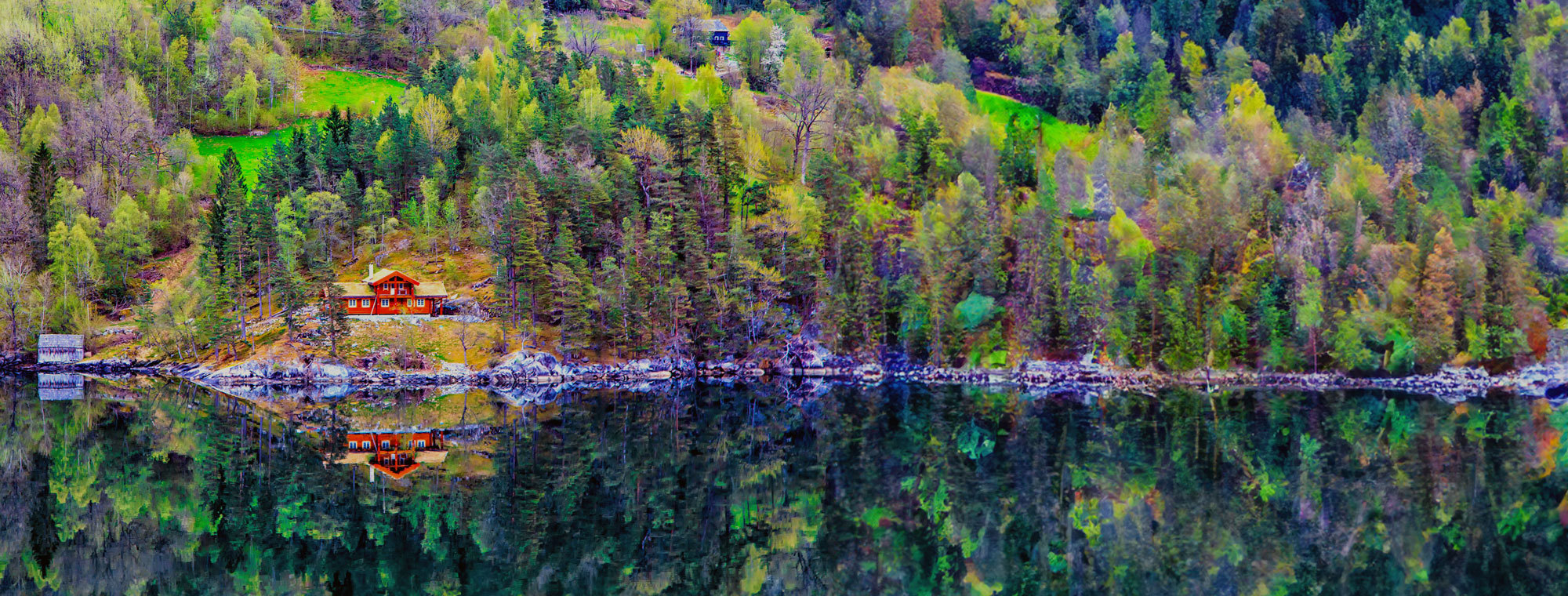 Norway Hardangerfjord Reflecting Water Red House On Water