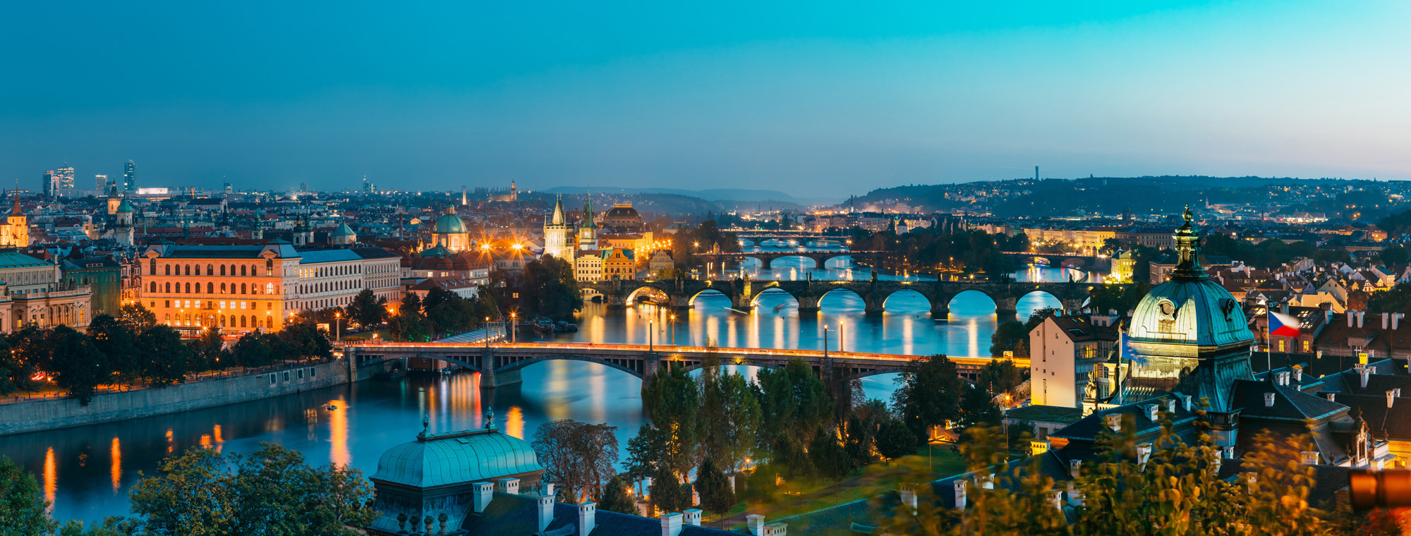 Czech Republic Prague With Bridges At Dusk Wide