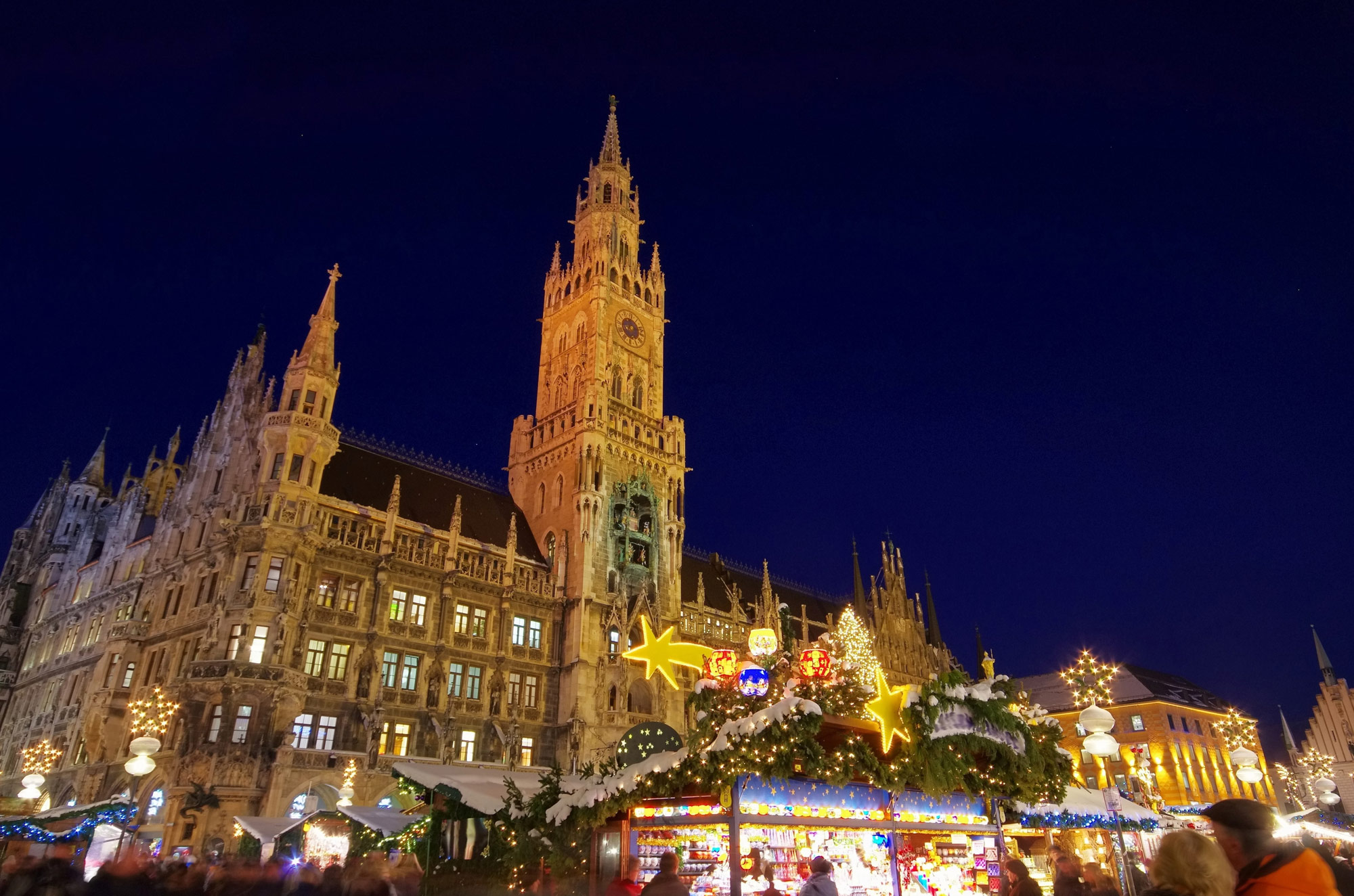 Germany Munich Christmas Market Bright Stalls Dark Sky