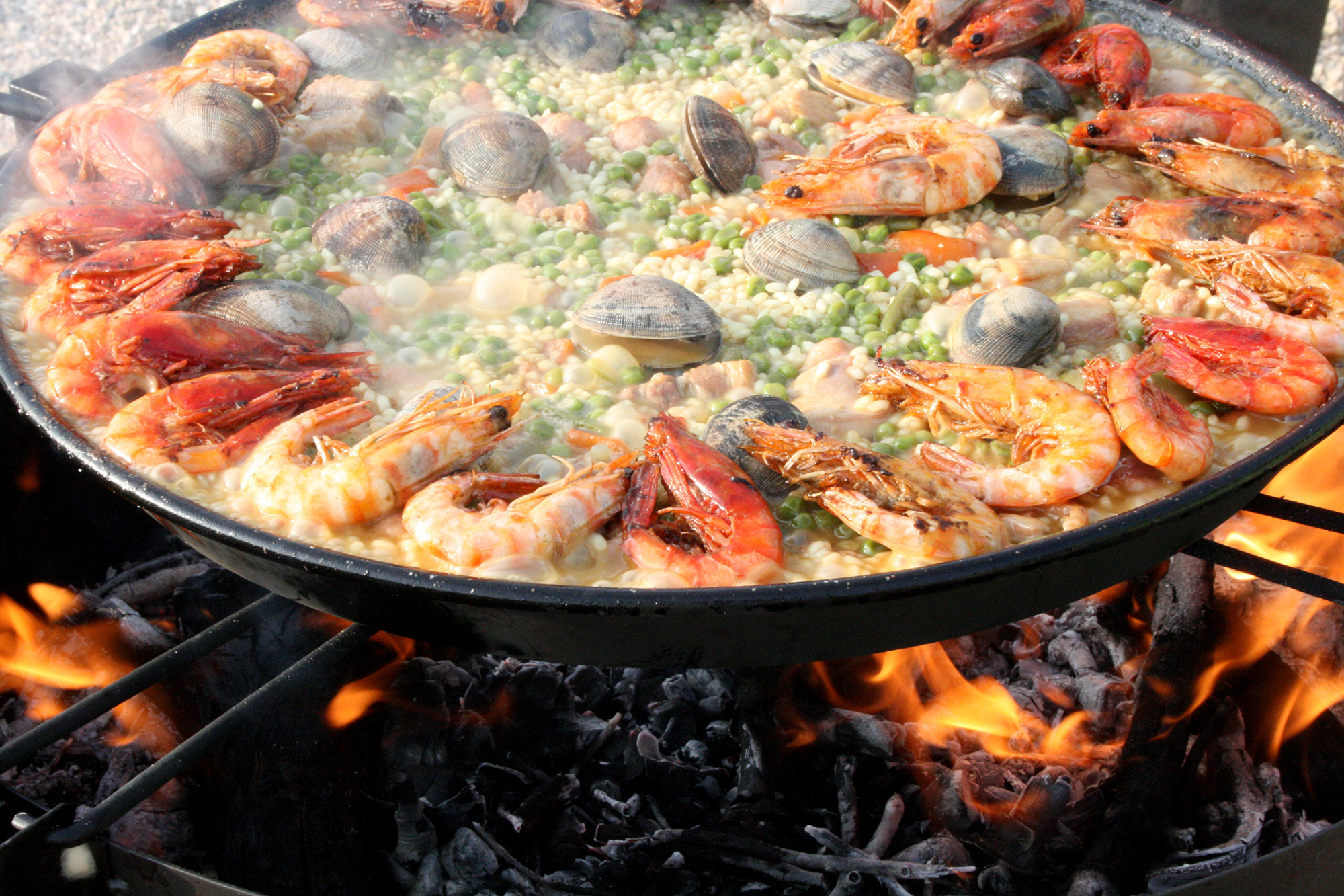 Expert Paella Valencia Spain Cooking Pan Seafood Prawns Rice Fire