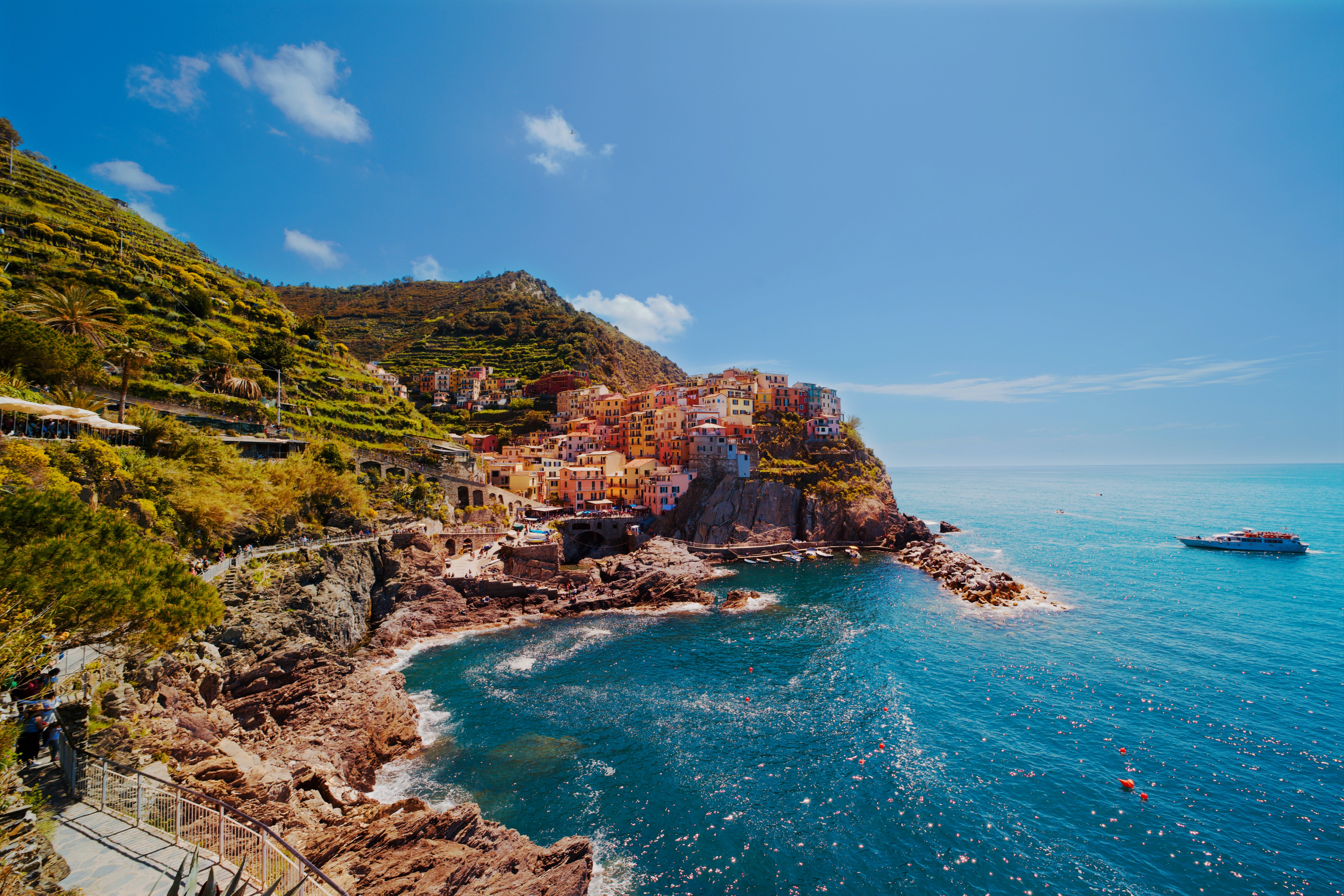 Italy Cinque Terre Colorful Houses Cliff Water Ocean Views Boats