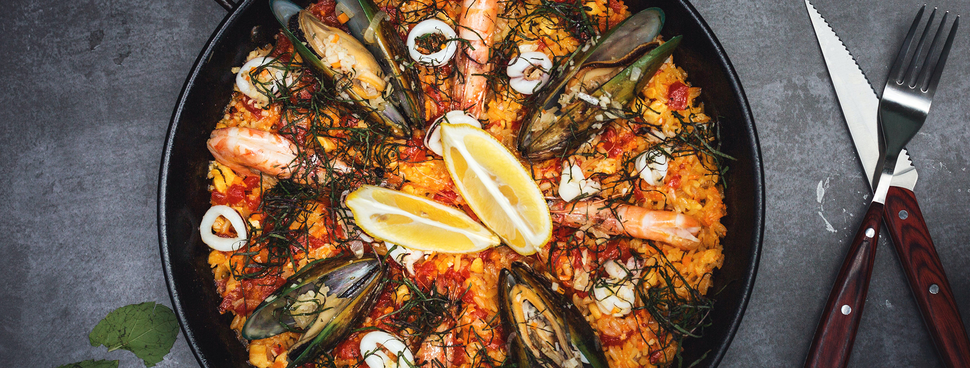 Paella Served Knife Fork Above Expert