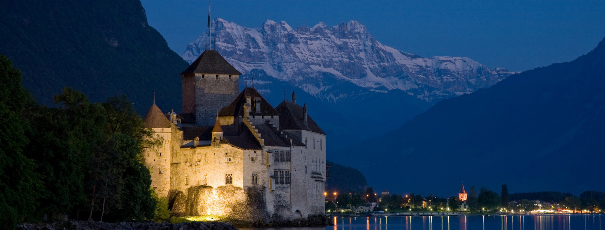 Switzerland Lake Geneva Chillon Castle At Night