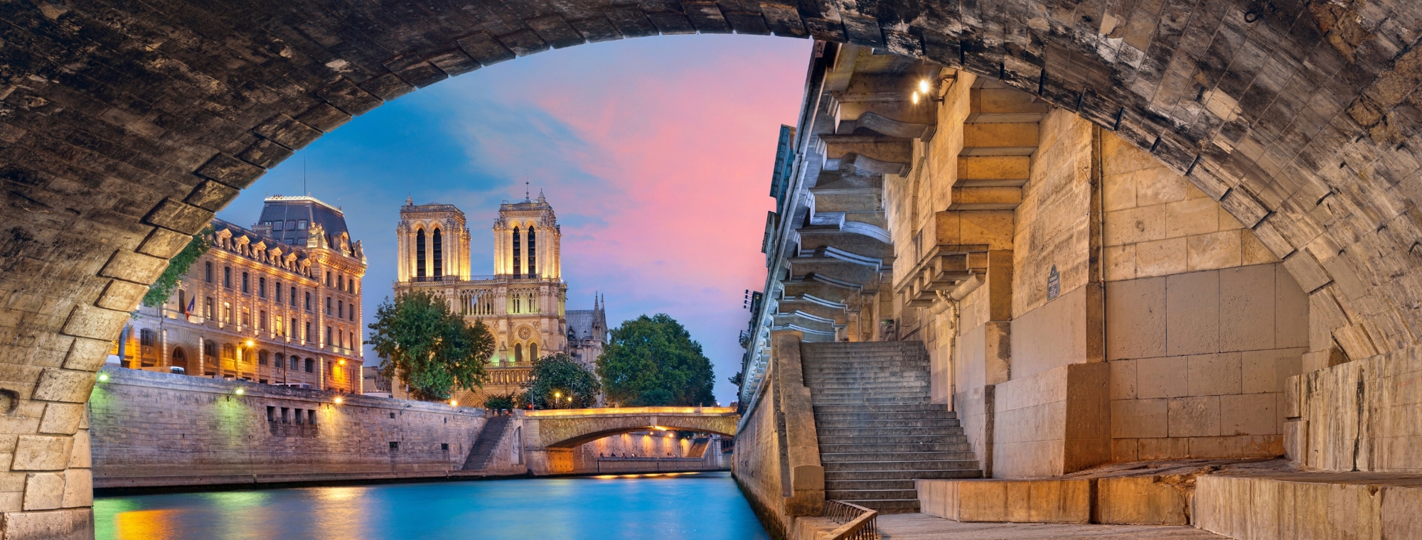 Paris Bridge Seine Notre Dame Dusk