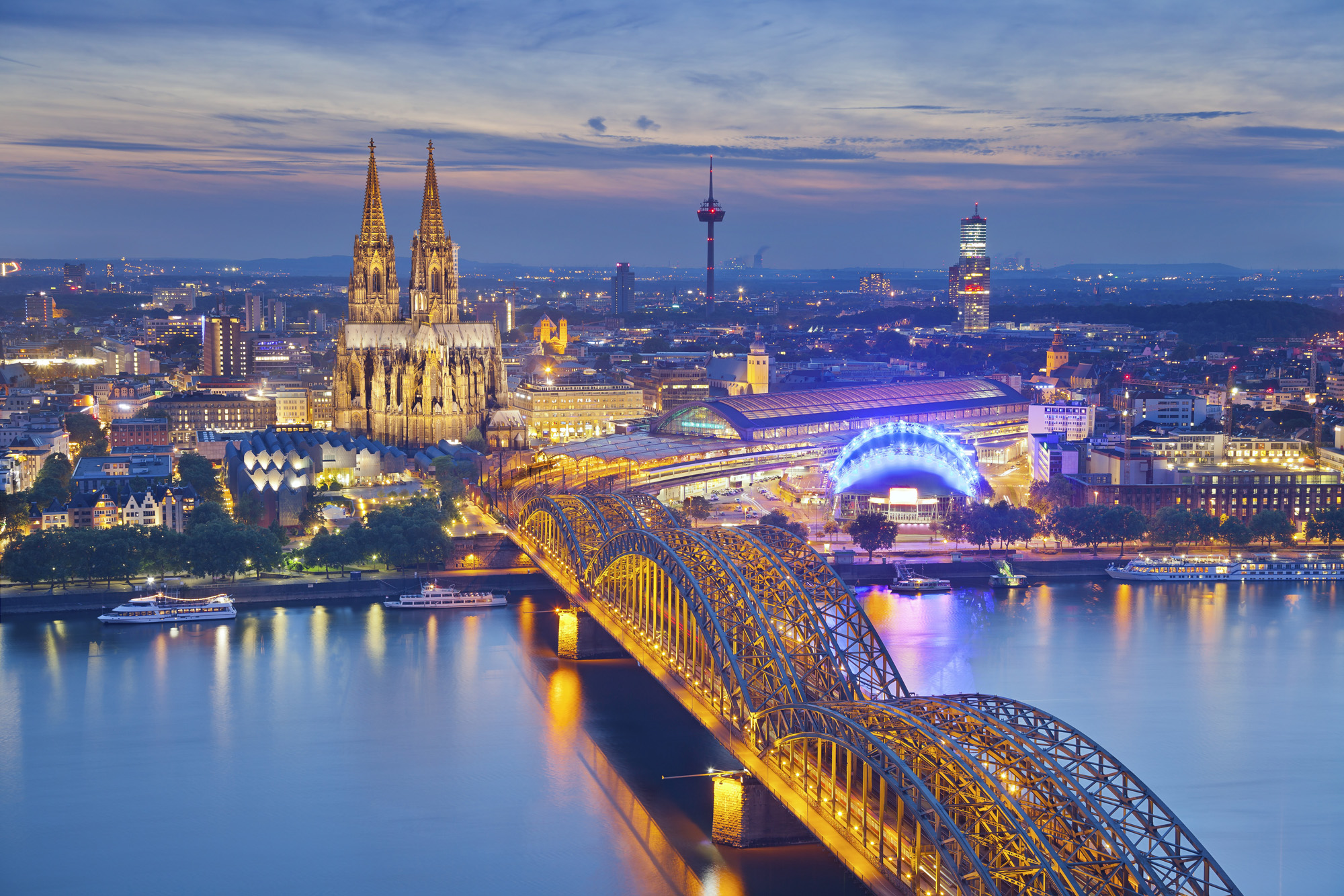 Germany Cologne And Rhine River At Dusk