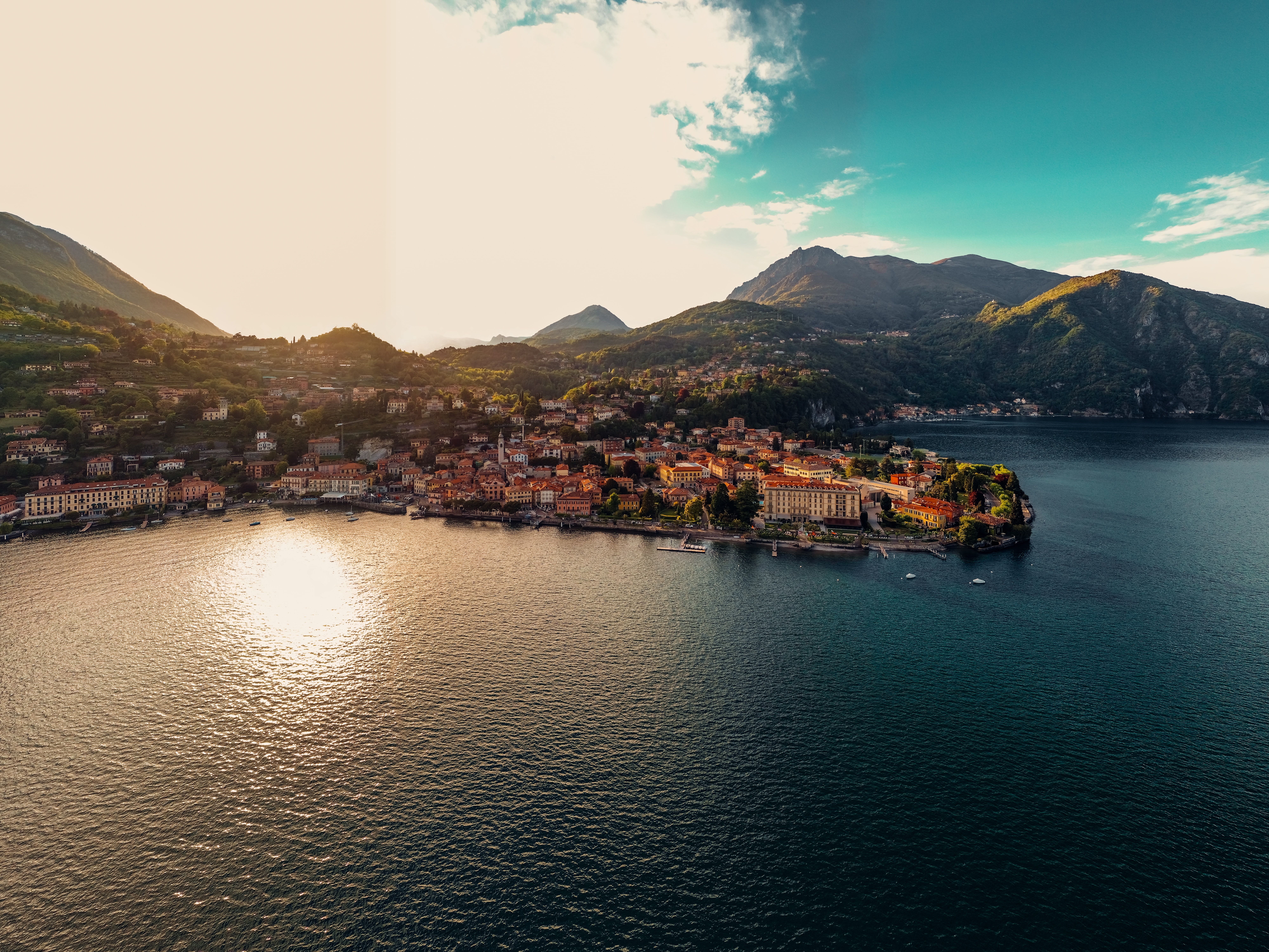 Italy Lake District Como Mountains Town Water Landscape Colorful Houses Daytime Sunny Alps