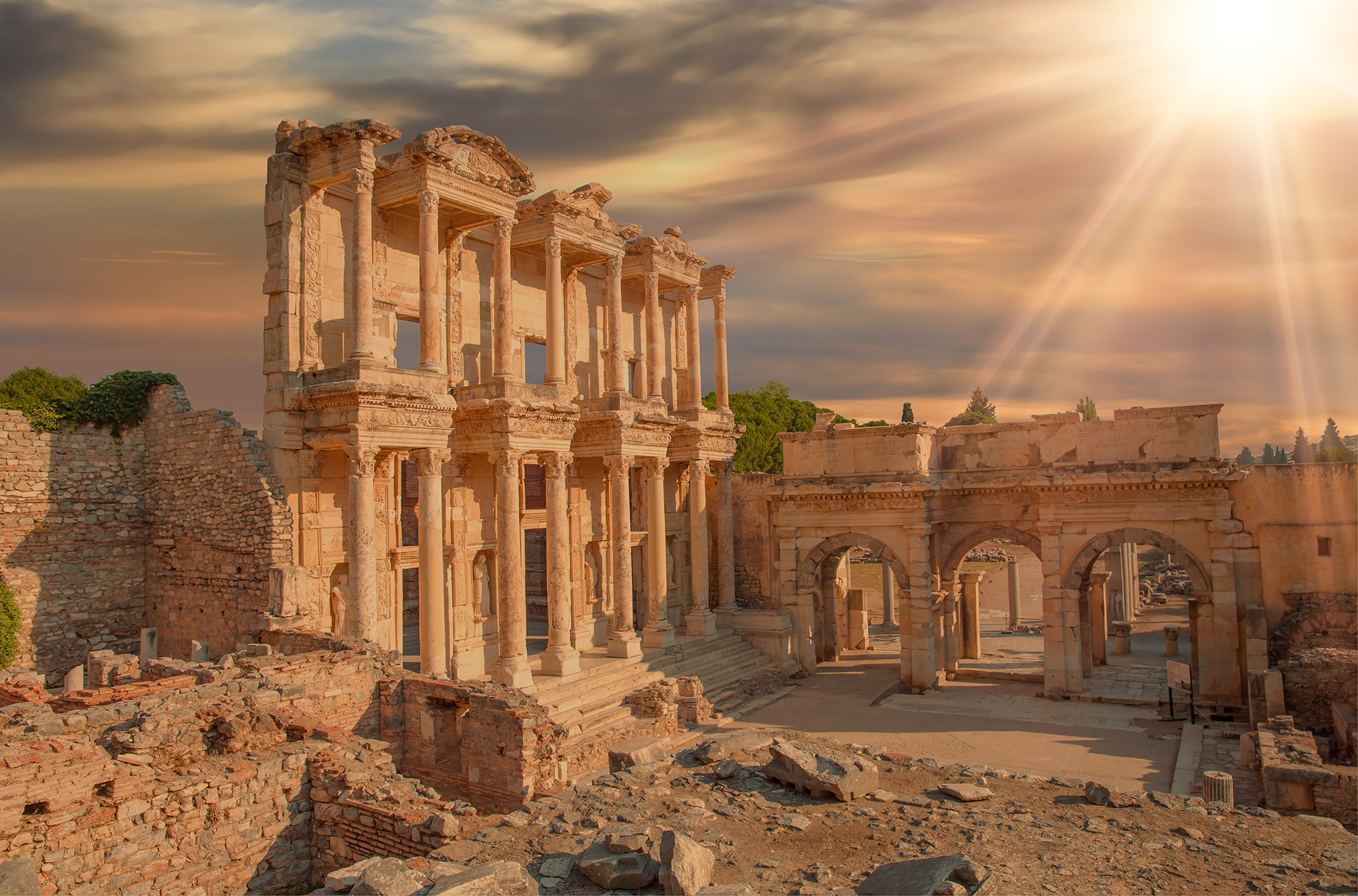 Turkey Ephesus Library Dramatic Sun Shining Through Clouds